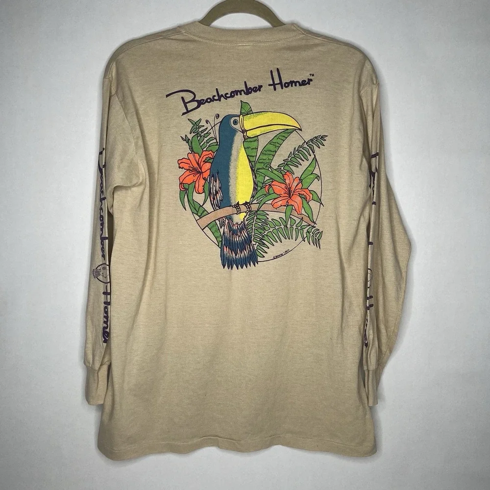 Vintage‎ Beach Beachcomber Homer Toucan Long Sleeve Tee T-Shirt L Large Retro